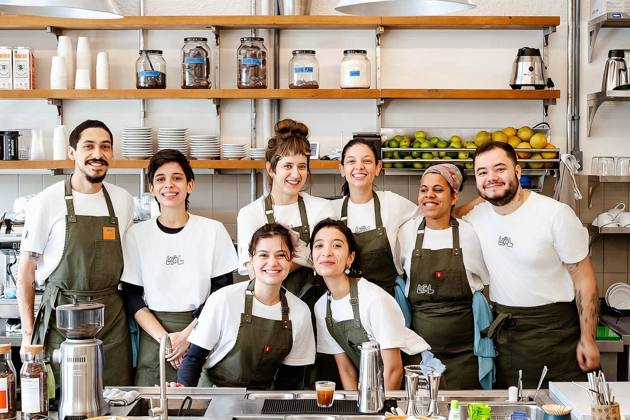 Equipe do Local usando aventais Aprons